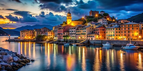 Naklejka premium Stunning Night View of Nervi Harbor, Genoa, Italy - Panoramic Cityscape