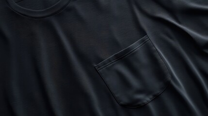 Close-up of plain black t-shirt with pocket on smooth fabric background