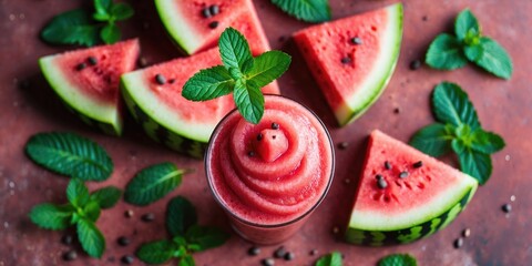 Watermelon smoothie in glass with fresh mint leaves and sliced watermelon pieces on textured surface
