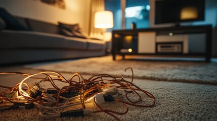 Damaged cables strewn across a carpeted floor in a living room setting. Featuring everyday wear and home safety
