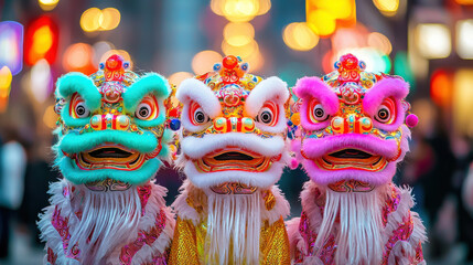 Lion dance performers in colorful costumes during festive event