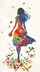 Obraz premium A woman's silhouette in full body, with an artistic watercolor effect 