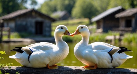 Obraz premium Two white ducks with distinctive markings facing each other near a calm pond with rustic buildings in the background on a sunny day
