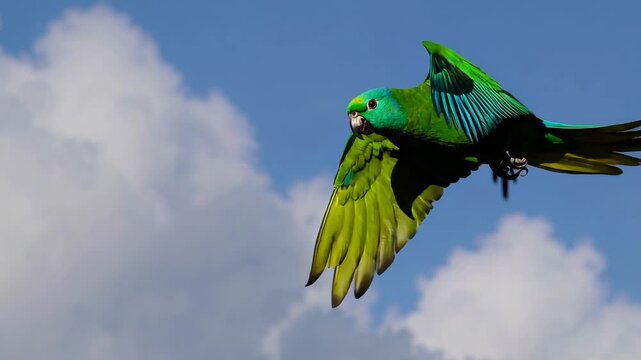 Green parrot flying against cloudy sky, vibrant wildlife concept