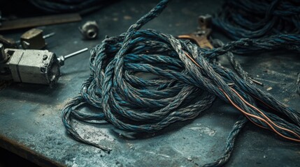 Damaged cables tangled in a pile on a metal surface in an industrial workshop. Featuring wear and fraying