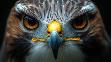 Close-up hawk face, intense gaze, dark background, wildlife