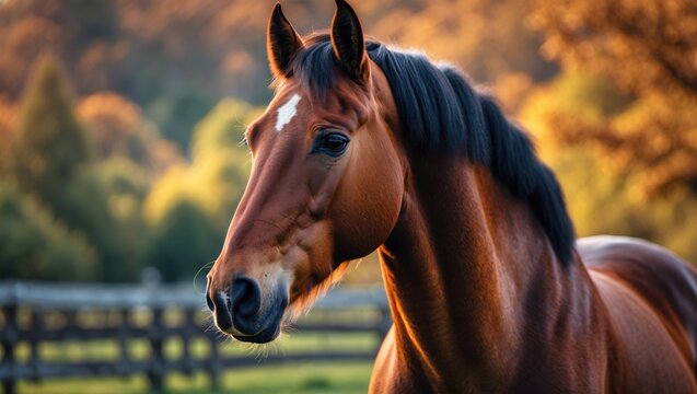 Close-up portrait of a brown horse with black mane and white star marking set against a blurred autumn landscape and wooden fence.