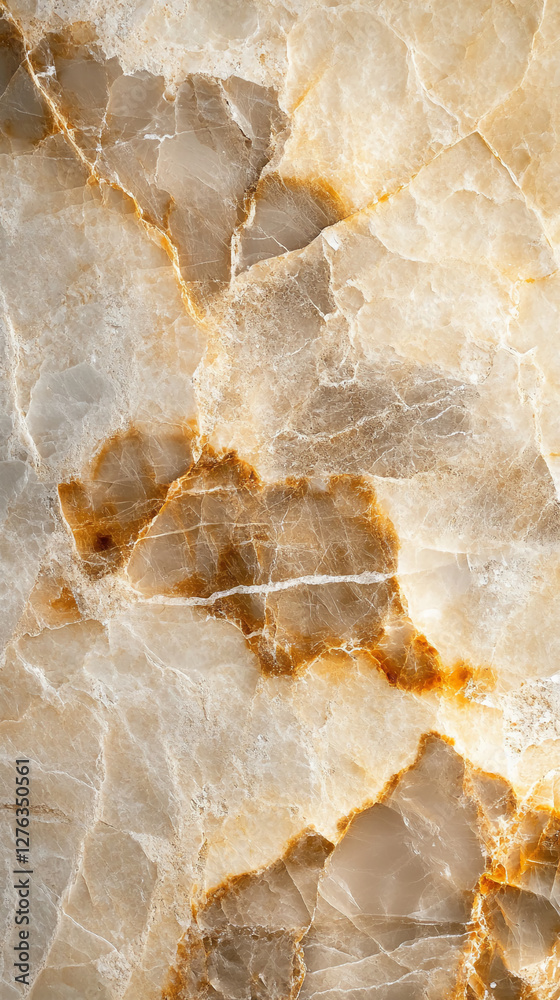 Poster Close-up of a natural beige marble texture with distinct veins and patterns in warm tones of brown and orange, showcasing the beauty and elegance of stone surfaces for decor.