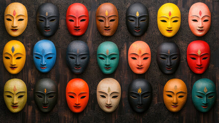 Obraz premium Colorful traditional masks displayed on patterned wall