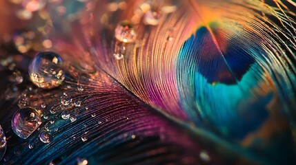 Naklejka premium Macro View of a Vibrant Peacock Feather with Water Droplets