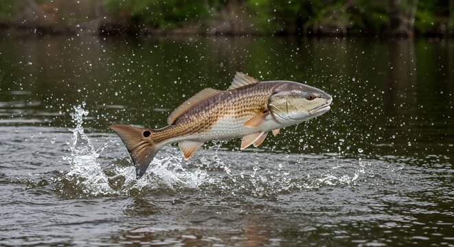 Redfish Leaping Out of Water with Splashes in Estuary Environment