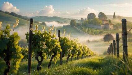 Naklejka premium Vineyard landscape with lush green grapevines and a distant farmhouse surrounded by rolling hills and morning mist under a blue sky