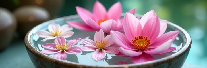 Fototapeta premium Pink and white flowers floating in a clear water basin, spa relaxation, floral centerpiece, spa, flower
