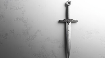 Ornate medieval sword on textured gray background, intricate design, vertical position