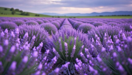 Obraz premium Lavender fields in full bloom under a cloudy sky with mountains in the background showcasing rows of vibrant purple flowers.