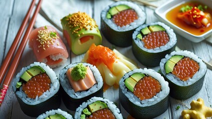 assorted sushi rolls with salmon cucumber avocado and wasabi served with soy sauce on wooden table