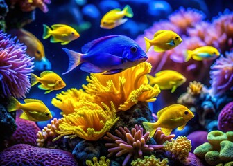 Obraz premium Surreal Deep Blue Yellow Fish in Vibrant Coral Reef Aquarium - Stock Photo