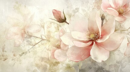 Watercolor blossoms: delicate pink flowers with buds on spring branches in artistic style
