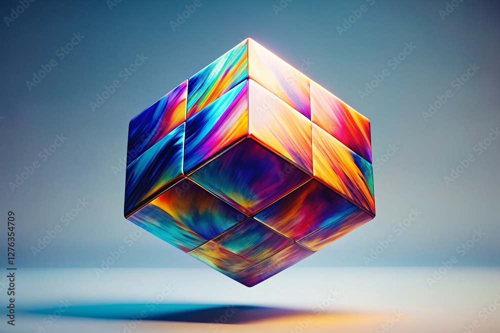 Poster surreal floating cube: isolated white background abstract 3d geometry