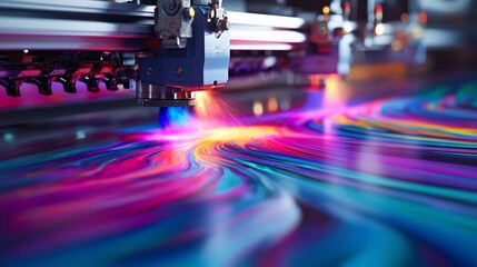 Large format printer printing vibrant, colorful abstract design.
