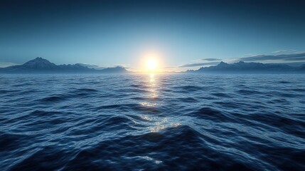 Fototapeta premium Ocean sunset, mountains, calm sea, travel, background