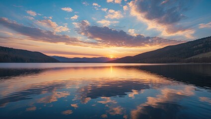 Fototapeta premium Lake landscape at sunset with colorful sky and mountain reflections on tranquil water surface in autumn scenery
