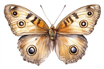 Watercolor brown butterfly illustration, isolated on white, nature art, design element