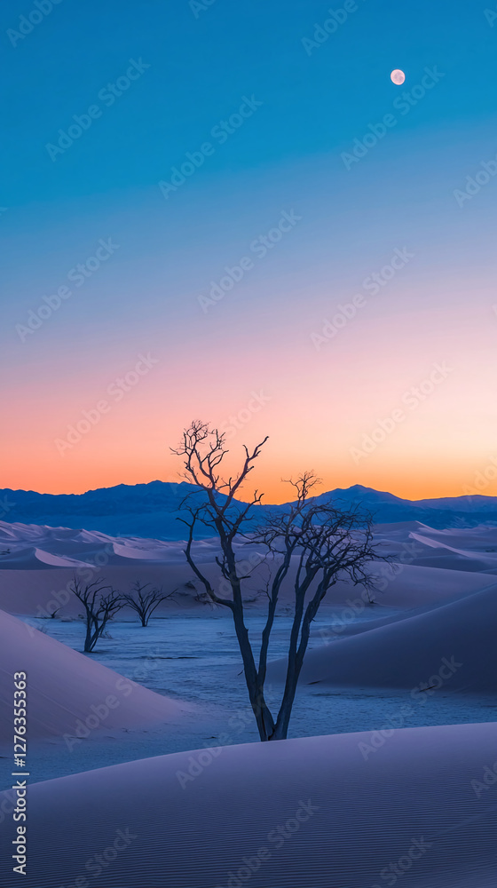 Poster a group of dried trees stands in the desert with sand dunes in the background. the sky shows a gradi