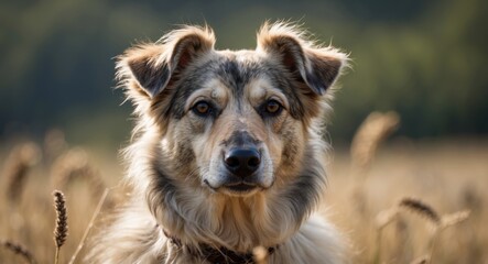Fototapeta premium Dog portrait with expressive eyes standing in a golden grassy field during sunset with blurred background and natural light