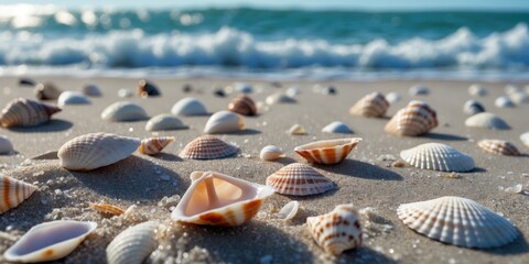 Close-up view of various seashells scattered on sandy beach with gentle ocean waves in background during daylight.