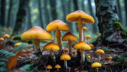 Cluster of vibrant yellow mushrooms growing on forest floor surrounded by greenery and trees, captured in soft natural lighting