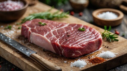Fototapeta premium Raw marbled beef steak on wooden cutting board with fresh herbs and assorted spices, horizontal composition, culinary background.