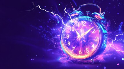 Vibrant retro alarm clock with sparks and electric effects on purple background