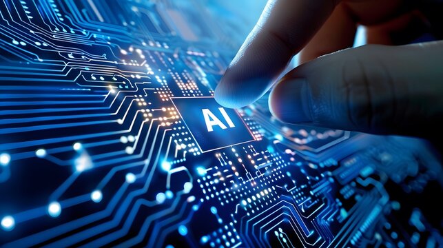 A finger taps a chip with an "AI" icon written on a digital circuit board. It symbolizes the concept of human-AI interaction in future technology.