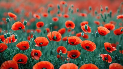 Obraz premium Poppy flower field with vibrant red blooms and green foliage in a natural outdoor setting during daylight