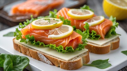 Salmon fillet sandwiches on whole grain bread with lettuce, cheese, lemon slices, and fresh spinach on a wooden table