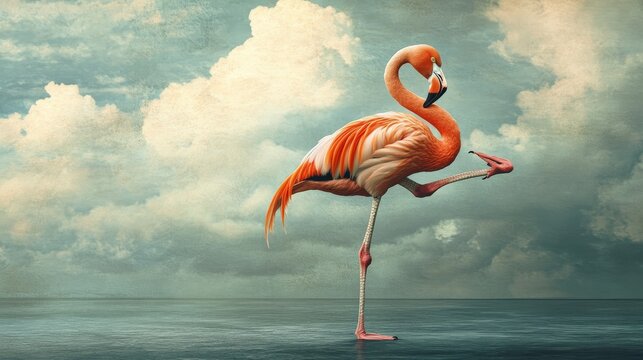 A flamingo doing yoga, striking a pose with its legs and wings contorted in a ridiculous way, trying to find its zen.
