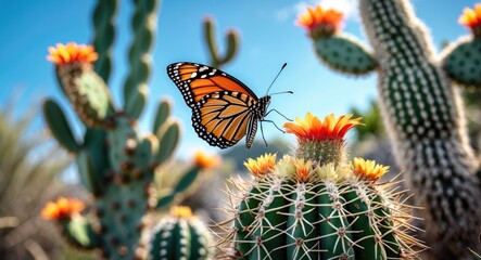 Monarch butterfly perched on colorful cactus flowers in a desert environment with blue sky background