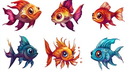A set of icons for games. Sea fish. Illustration isolated on a white background