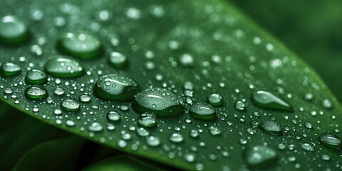 Water droplets on green leaf surface in close-up detail showcasing natural freshness and texture