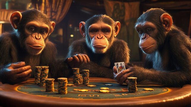 A gang of mischievous monkeys playing poker, with serious faces and banana chips on the table, ultimate jungle comedy.