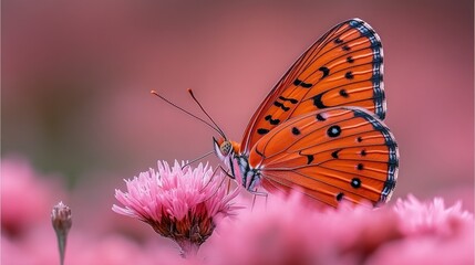 Obraz premium Orange butterfly feeding, pink flowers, soft background, nature