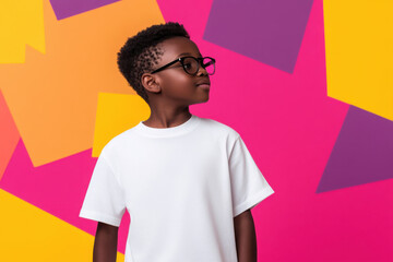 Curious child wearing glasses and white t shirt on colorful background