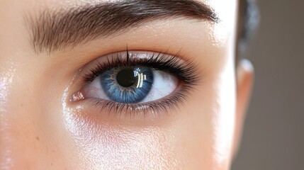 Obraz premium Close-up of a blue eye with detailed iris and eyebrow texture in natural light