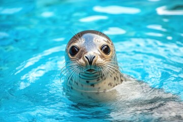 Fototapeta premium A seal is in water. Pool setting, could be used for animal content or learning material