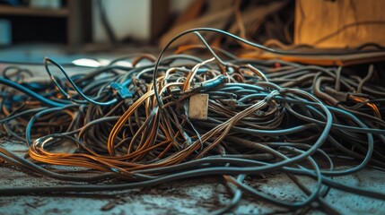 Damaged cables tangled on the floor of a dimly lit workshop. Featuring exposed copper wires and broken insulation