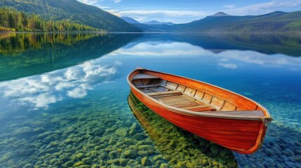 Fototapeta premium Serene Wooden Boat Moored on Clear Tranquil Lake Under Blue Sky