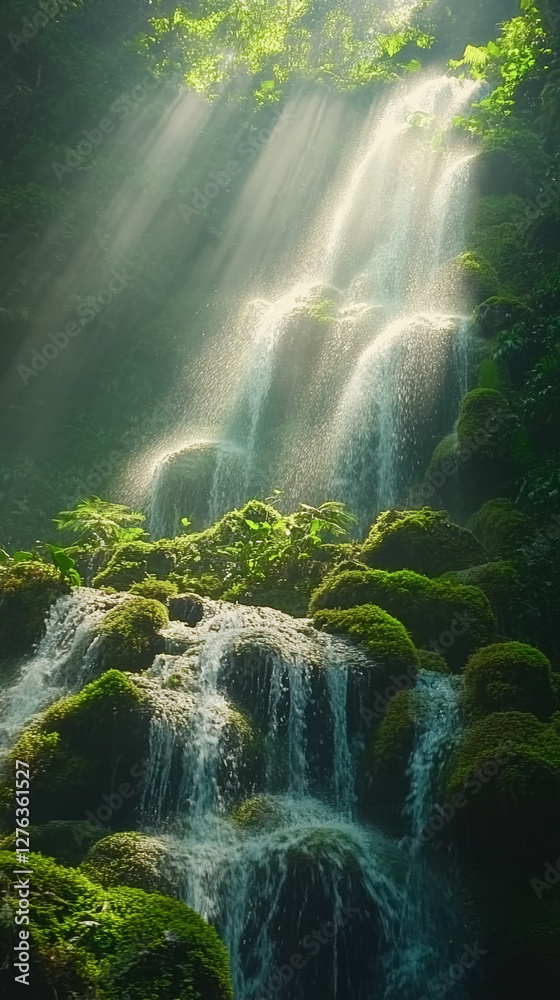 Aufkleber a stunning image of a lush waterfall cascading over moss-covered rocks, illuminated by beams of sunl
