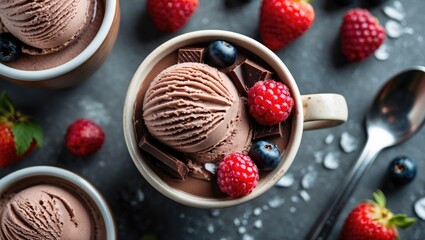 Chocolate ice cream in white cup garnished with fresh raspberries and blueberries surrounded by chocolate pieces and strawberries