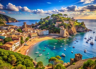 Naklejka premium Tossa de Mar Coastal Town, Girona, Spain: Stunning Beachfront View with Boats